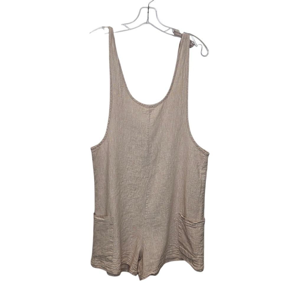 Jolie Linen Blend Sleeveless Romper Women's L Beige Casual Tie Strap Pockets